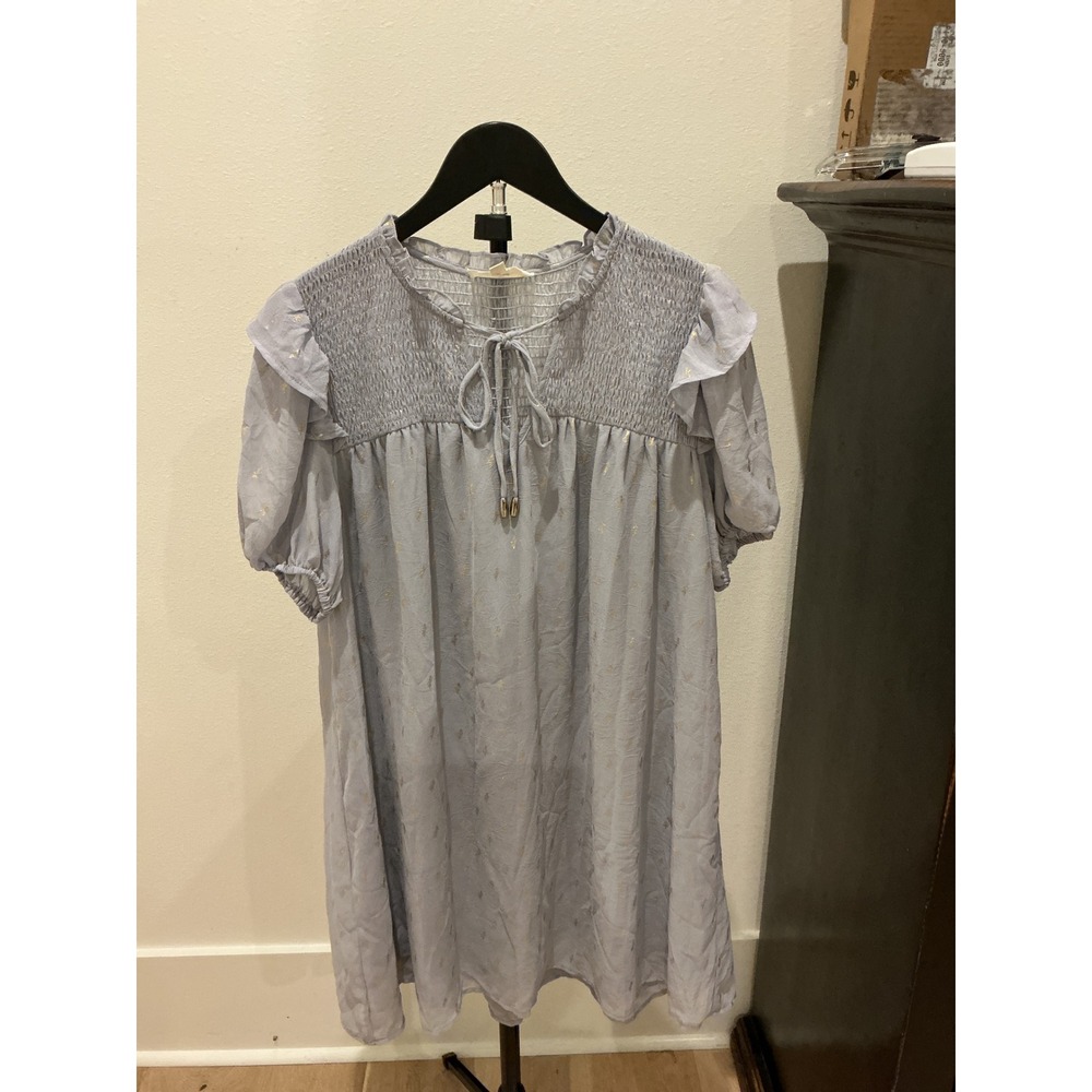 Entro Light Blue Gold Clip Dot Smocked Babydoll Dress Ruffle Sleeve Large